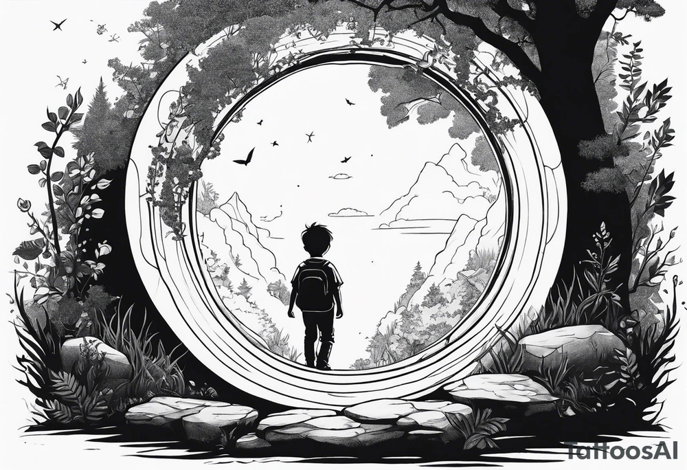 a small boy entering a portal to a fantasy world filled with nature tattoo idea