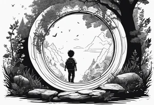 a small boy entering a portal to a fantasy world filled with nature tattoo idea