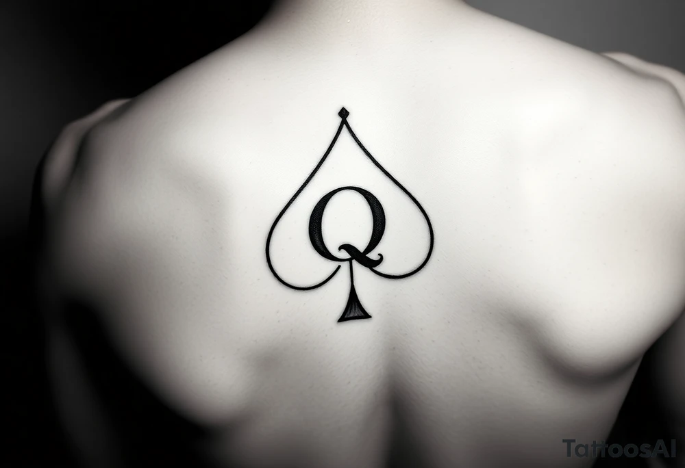 A spade womb tattoo with a Q in the center, with three points around the outside. The first reading, "BLACK". The second reading, "SEED". The third reading, "ONLY". tattoo idea