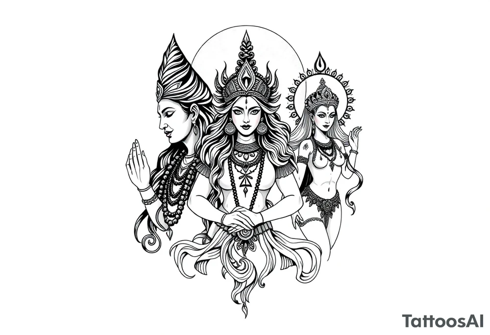 Lord Shiva, Godess Kali, Godess Lilith with the moon phases in the background tattoo idea