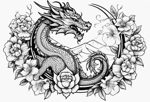 Dragon en Arabic avec un cerisier en fleur tattoo idea
