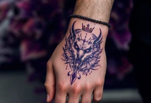 craneo con corona y con un cuchillo atravesado, purple tattoo idea