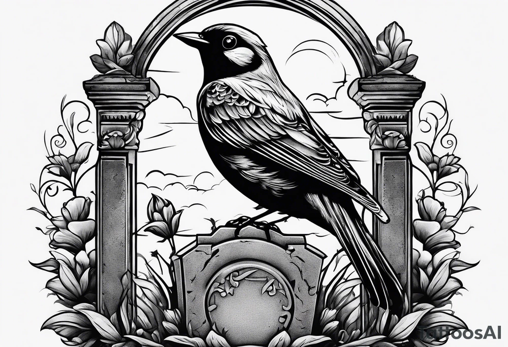 Bird resting on a grave stone tattoo idea