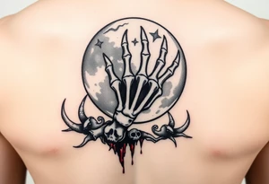 zodiac cancer skeletal hand snile with fangs on a fyull bloody moon surrounded by dead quids
 and a hellishly starry sky tattoo idea