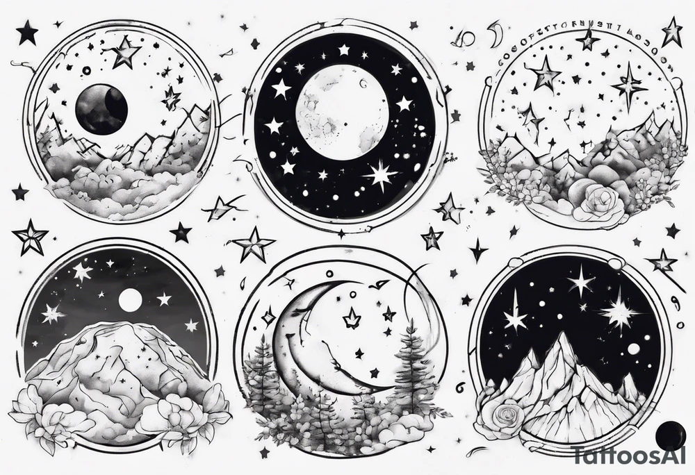 Night sky with moon and stars and constellations tattoo idea