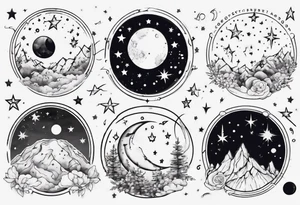 Night sky with moon and stars and constellations tattoo idea