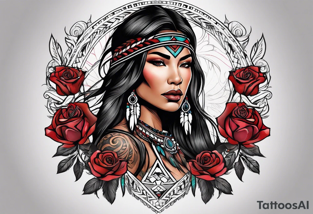 Native American woman wrapped in roses with a wolf tattoo idea