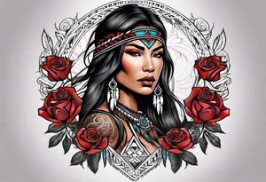 Native American woman wrapped in roses with a wolf tattoo idea