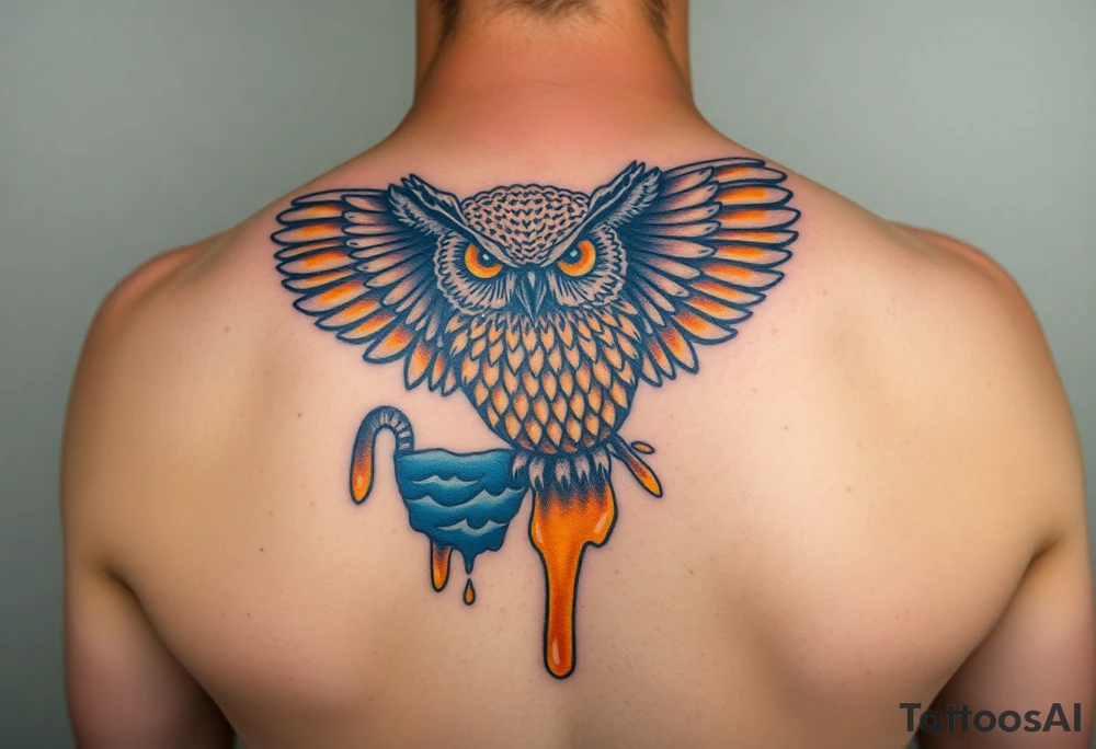 Honey comb, owl dripping honey over ocean scene tattoo idea