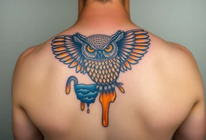 Honey comb, owl dripping honey over ocean scene tattoo idea