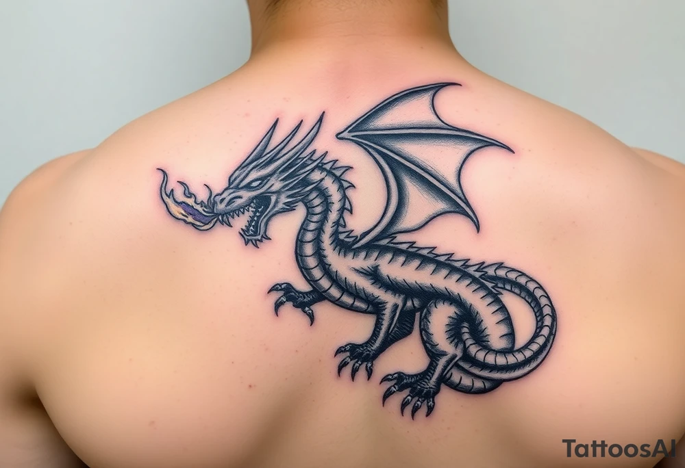 fierce dragon breathing iridescent fire against stormy skies tattoo idea