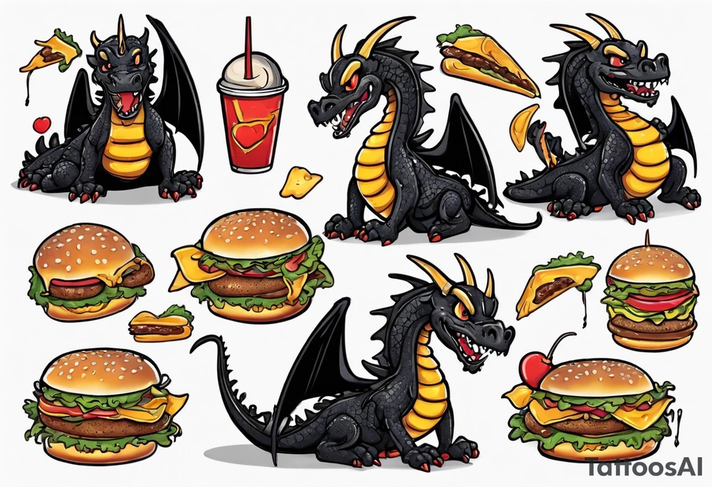 full body happy black dragon eating a cheeseburger tattoo idea