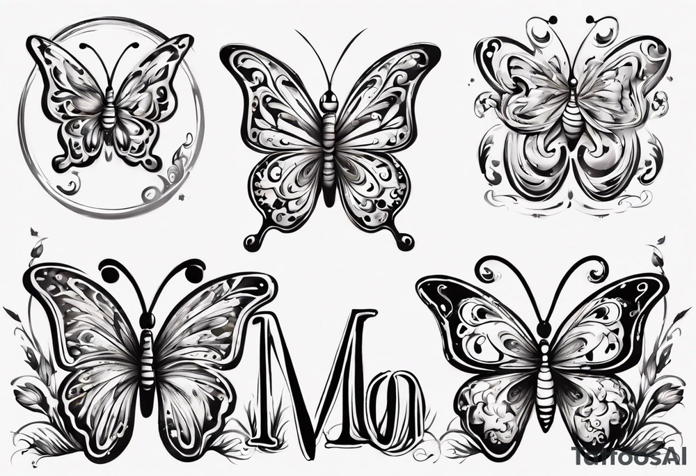 5 butterfly’s dad butterfly, with initial E. O mom butterfly with initial L. O daughter butterfly initial M 2nd daughter with initial M son butterfly initial R.o background the sky beautiful sky colors and grassy area. tattoo idea