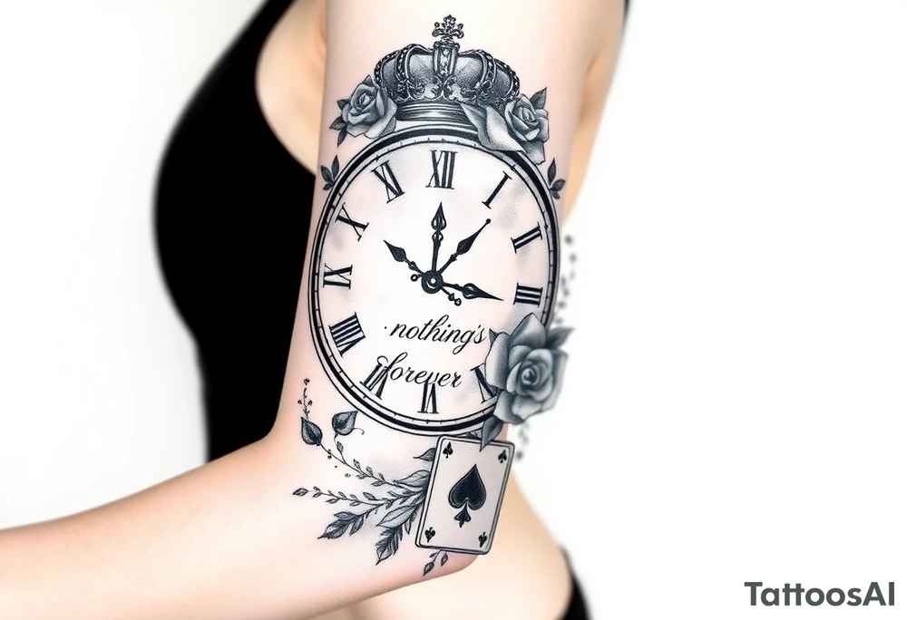 Roman clock with roses and a crown,  a quote that says nothings forever. and on the bottom a deck of cards tattoo idea