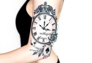 Roman clock with roses and a crown,  a quote that says nothings forever. and on the bottom a deck of cards tattoo idea