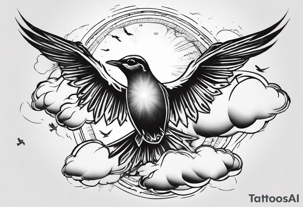 a shoulder tattoo with rays of light, clouds and birds flying free tattoo idea