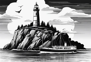phare maritime sur un petit bateau a voiles. tattoo idea