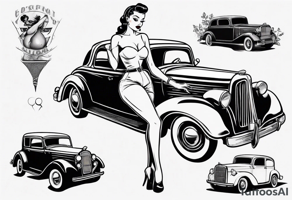pinup doll on the hood of an old vintage car tattoo idea