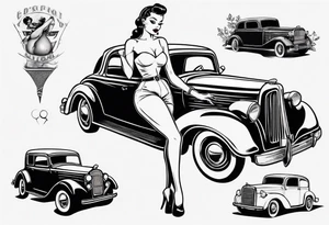pinup doll on the hood of an old vintage car tattoo idea