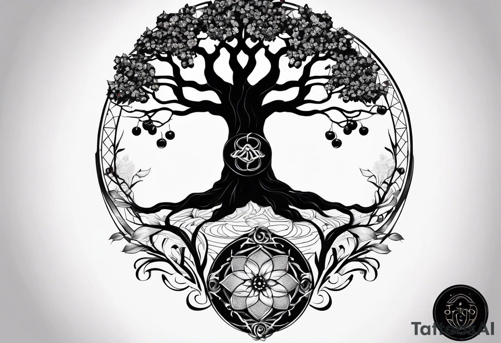 yggdrasil, five or six cherry tree flower on the upper left, the logo of tommorowland, and on the background a geometrical shape tattoo idea