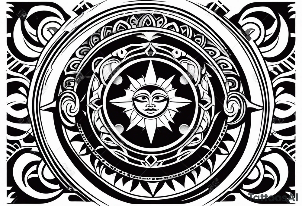 Polynesian tribal tattoo with sun, moon and eyes tattoo idea