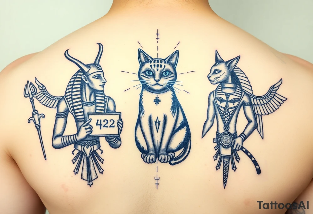 "Anubis split into two entangled versions:  
1. Ancient (holding papyrus with '42')  
2. Cyber (with quantum server instead of a heart)  
Between them: Schrödinger’s cat as a hologram.  

Style: Double exposure tattoo. Black/blue. Back piece." tattoo idea