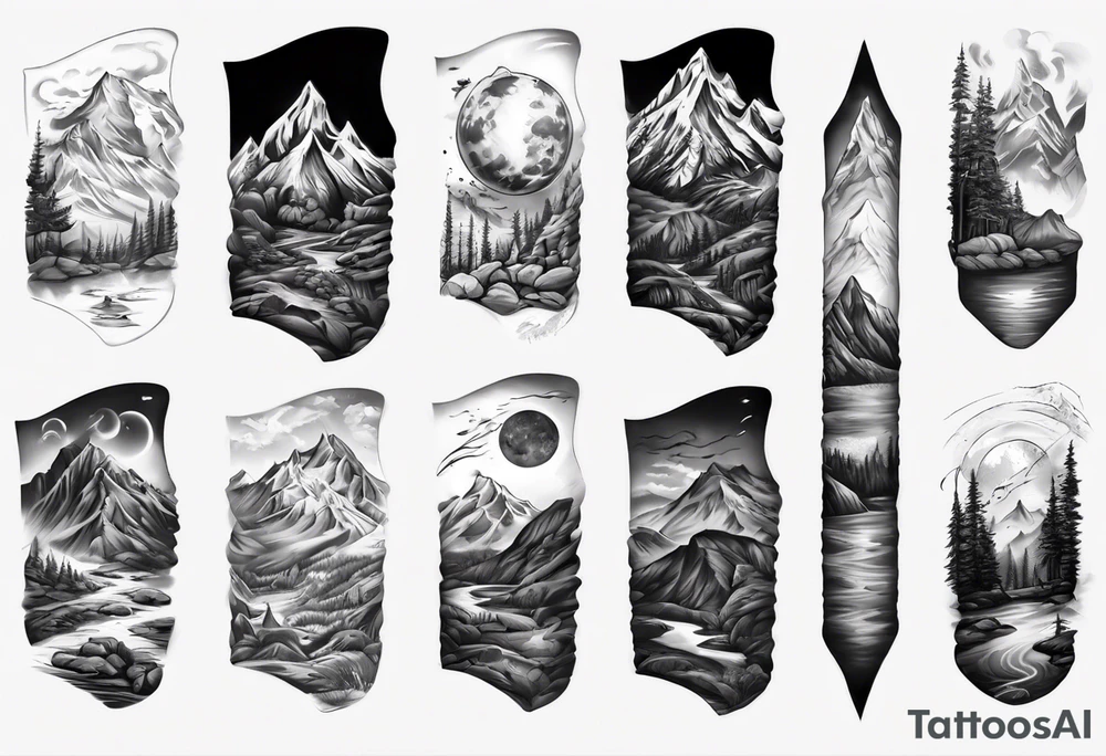 men’s arm sleeve, the name Peters, mountains tattoo idea