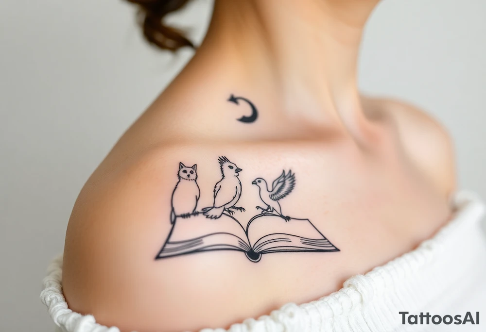 An open book with silhouettes of a werewolf, owl, dragon & phoenix above it tattoo idea