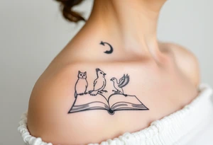 An open book with silhouettes of a werewolf, owl, dragon & phoenix above it tattoo idea