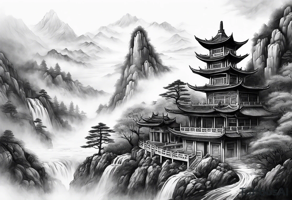 forearm sleeve traditional chinese art painting Chinese temple buddha wearing robes and drinking tea mountains mist fog waterfall tattoo idea