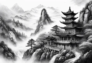 forearm sleeve traditional chinese art painting Chinese temple buddha wearing robes and drinking tea mountains mist fog waterfall tattoo idea