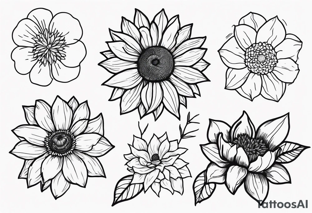 Sunflower, daffodil, poppy, chrysanthemum and holly tattoo idea