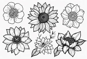 Sunflower, daffodil, poppy, chrysanthemum and holly tattoo idea