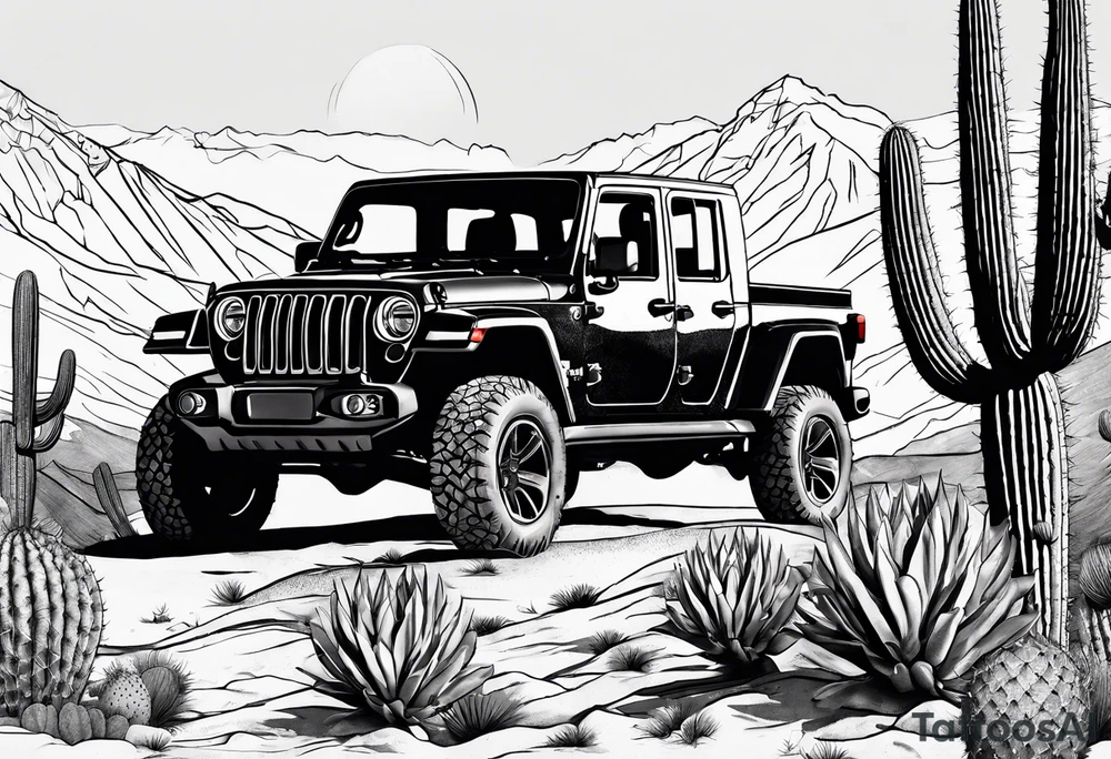 A dessert mountain with a jeep gladiator beside a cactus donkey tattoo idea