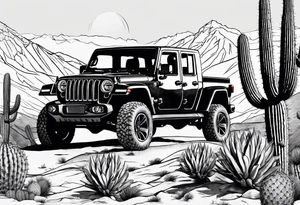 A dessert mountain with a jeep gladiator beside a cactus donkey tattoo idea