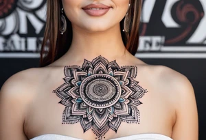 Mandala tattoo that incorporates music tattoo idea