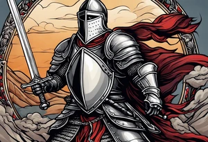 A knight in full armor except the helmet on the brink of death propping himself up with his sword on a seemingly bleak battlefield while still looking up with hope tattoo idea