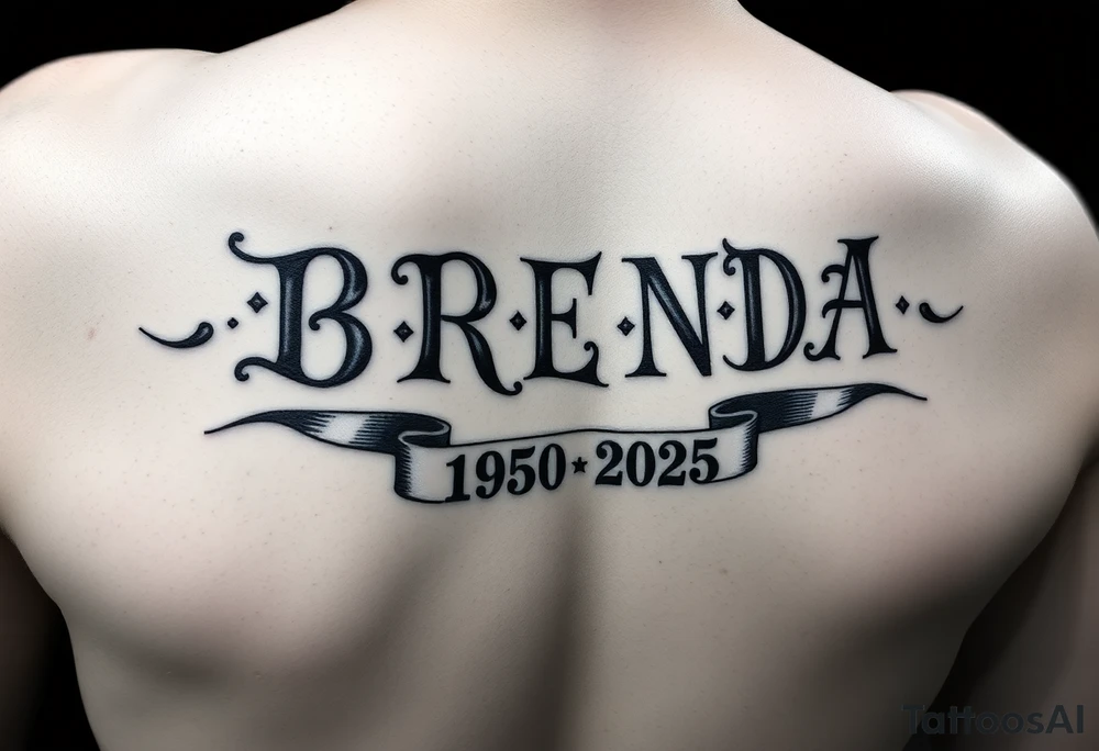 "B
R
E
N
D
A" going down arm
 WITH RIBBONS UNDERNEATH SHOWING 1950-2025 tattoo idea