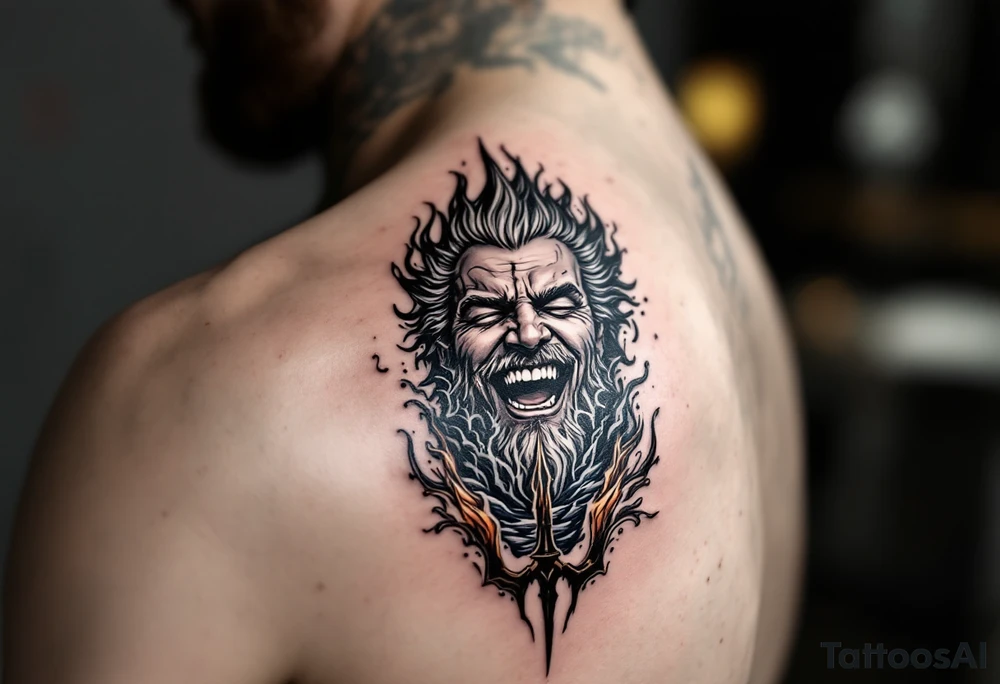 laughing man with a trident, surrounded by fire and water tattoo idea