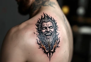 laughing man with a trident, surrounded by fire and water tattoo idea