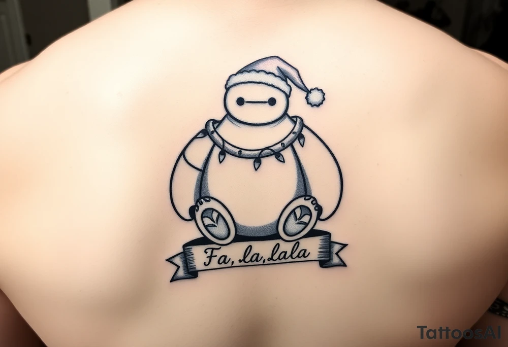 Disney Christmas themed sitting Baymax  wrapped up in Christmas lights and Santa hat with banner at bottom with "Fa-la-la-la-la" in script tattoo idea