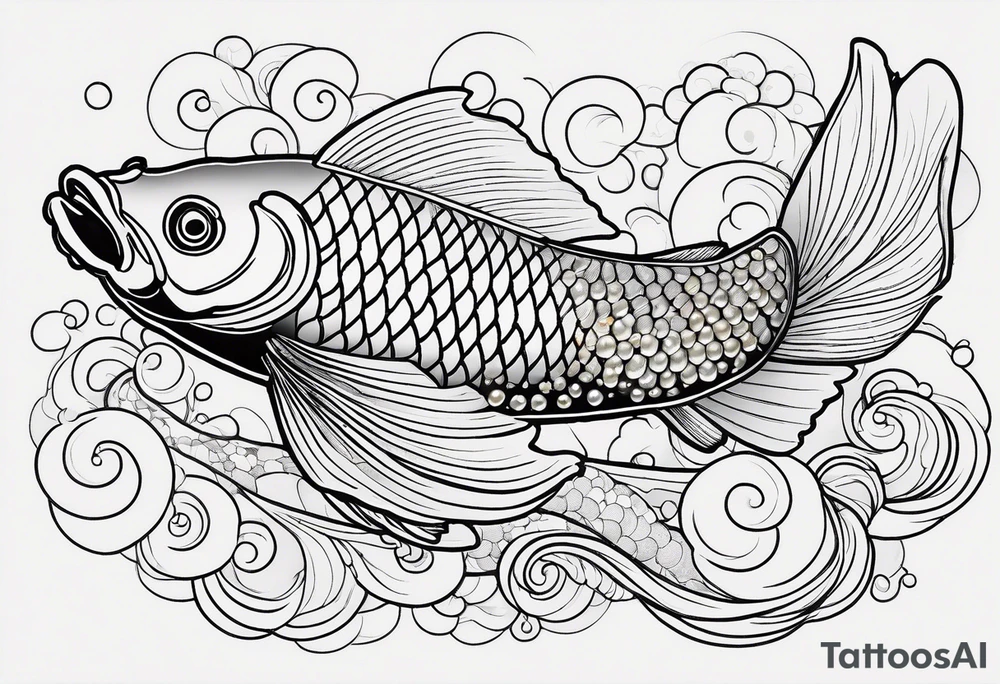 koi fish with a little narrow body, elongated fins, trimmed with pearls, ginko leaves around, gradient lines tattoo idea