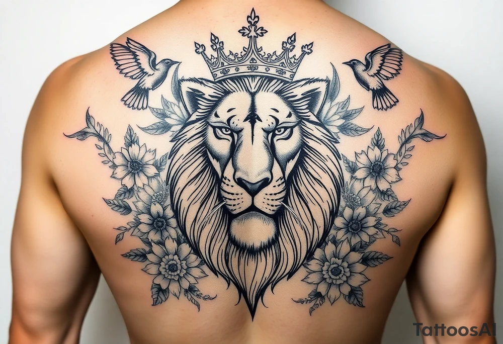 powerful majestic lion with a crown, surrounded by floral ornaments and birds tattoo idea