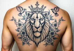 powerful majestic lion with a crown, surrounded by floral ornaments and birds tattoo idea