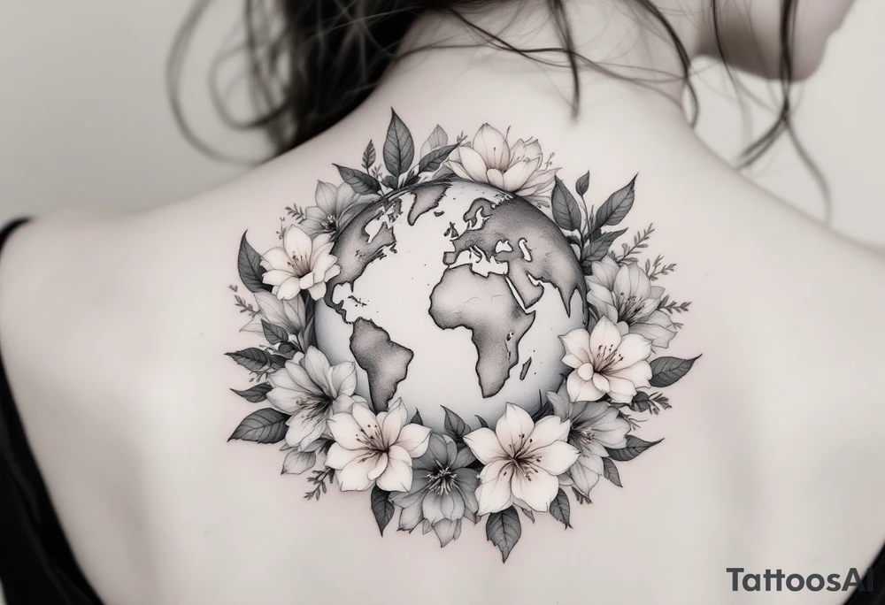A globe encircled by blooming flowers in soft pastels rests on a bed of lush green continents. tattoo idea