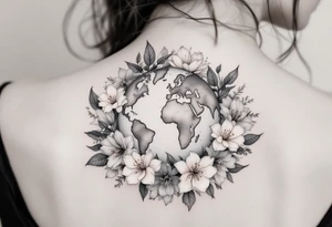 A globe encircled by blooming flowers in soft pastels rests on a bed of lush green continents. tattoo idea