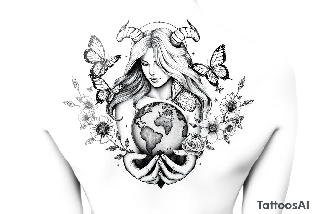 Taurus goddess with earth in her hands and butterflies and flowers all around her tattoo idea