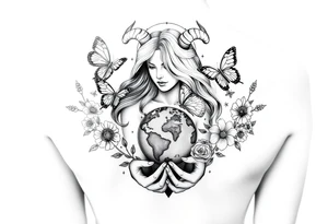 Taurus goddess with earth in her hands and butterflies and flowers all around her tattoo idea