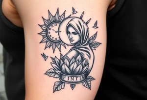 sun and moon embrace with lotus flower in a hour glass that breaks into flying birds and a clock in background with an arab woman with scarf over her face tattoo idea