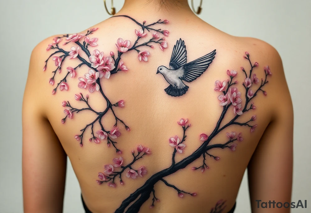 A big weeping, cherry blossom tree on the entire back, one baby Dove, flying into the sky. A Mom Dove hovering above the ground that’s turning black like she stained with grief. Goth romance 
These are the dates I want dainty in the heavily overflow of weeping cherry blossom branches and leaves March 31, 2024 – July 2, 2024 tattoo idea